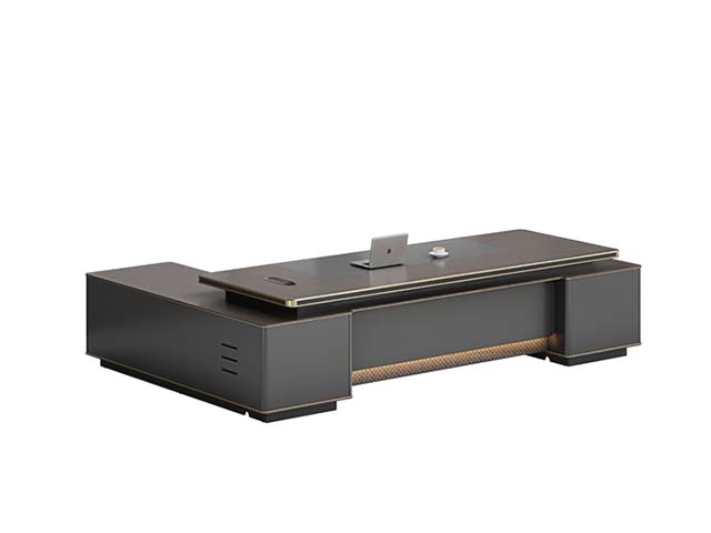 Dark Charcoal L-Shaped Executive Desk with Gold Trim and Ambient Base Lighting