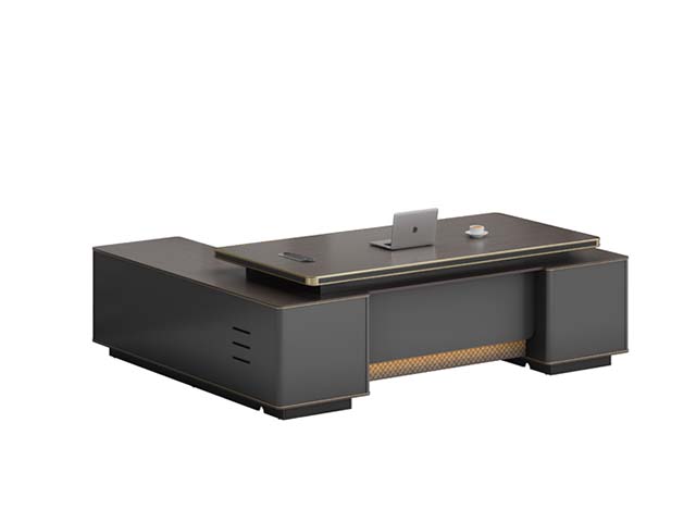 Dark Gray L-Shaped Executive Desk with Gold Trim and Integrated Storage