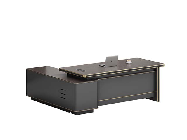 Modern L-Shaped Executive Desk with Gold Trim and Integrated Side Storage