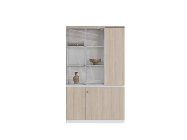 Light Wood Office Display Storage Cabinet with Glass Upper Doors and Lockable Lower Section