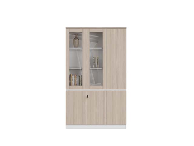 Light Wood Grain Office Storage Cabinet with Upper Glass Doors and Lower Locked Solid Doors