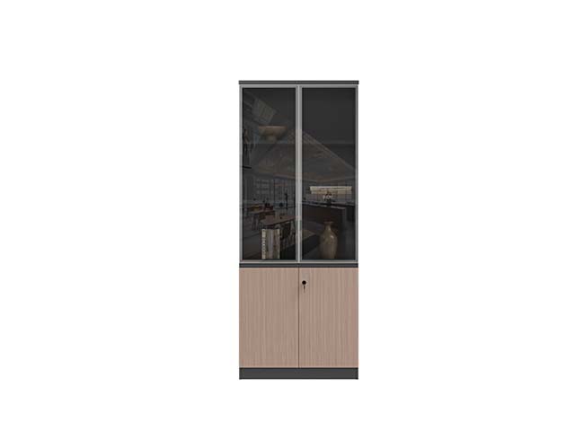 Tall Freestanding Office Storage Cabinet with Upper Glass Doors and Lockable Lower Wood Doors