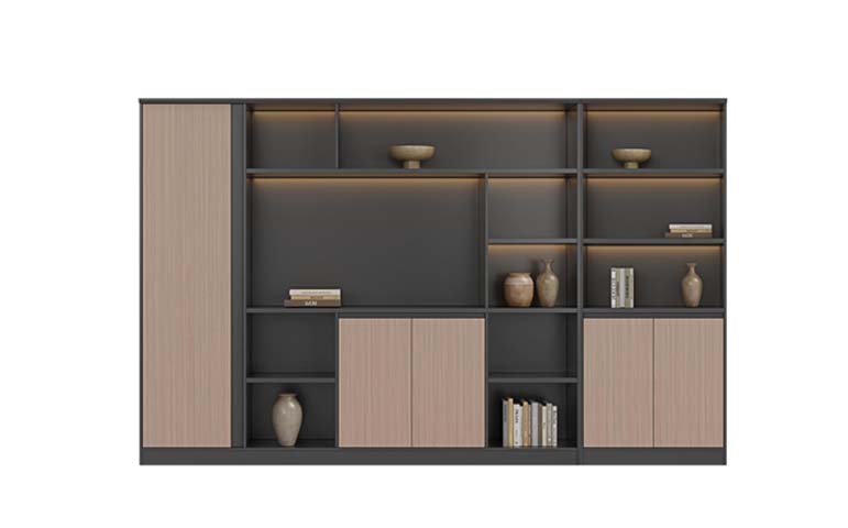 Two-Tone Illuminated Open Storage Display Cabinet with Closed Doors