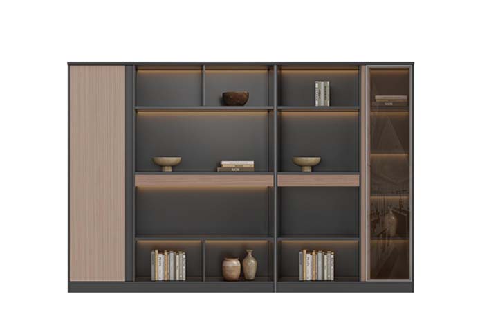 Modern Two-Tone Asymmetrical Office Display Bookcase with Integrated LED Lighting