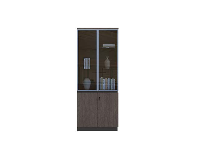 Dark Wood-Grain Tall Office Display Storage Cabinet with Smoked Glass Upper Doors and Lockable Solid Lower Doors