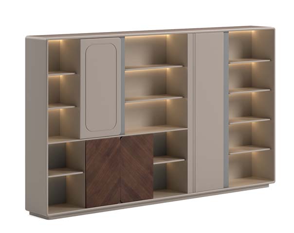 Asymmetrical LED-Lit Display Storage Cabinet with Herringbone Wood Doors