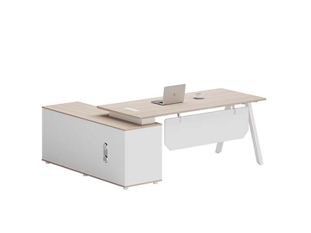 Light Oak White L-Shaped Executive Desk with Left Storage Return