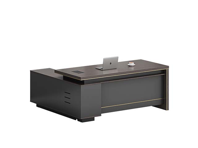 Dark Gray L-Shaped Fixed-Height Executive Office Desk with Gold Accent Trim and Left Storage Return