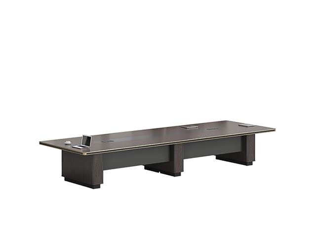 Dark Wood Grain Rectangular Boardroom Conference Table with Integrated Cable Management