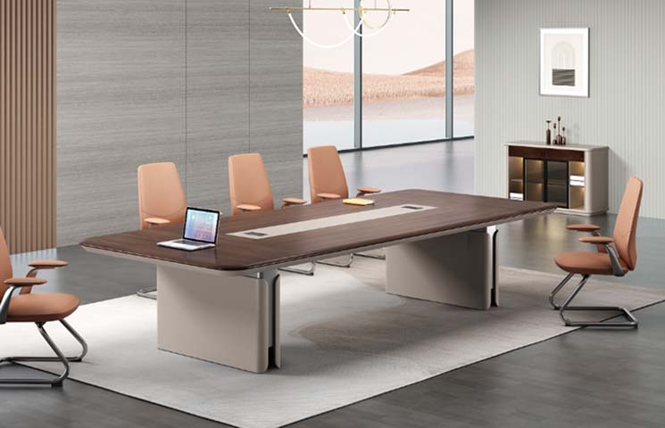Dark Wood Grain Rectangular Conference Table with Dual Matte Pedestals and Central Cable Channel