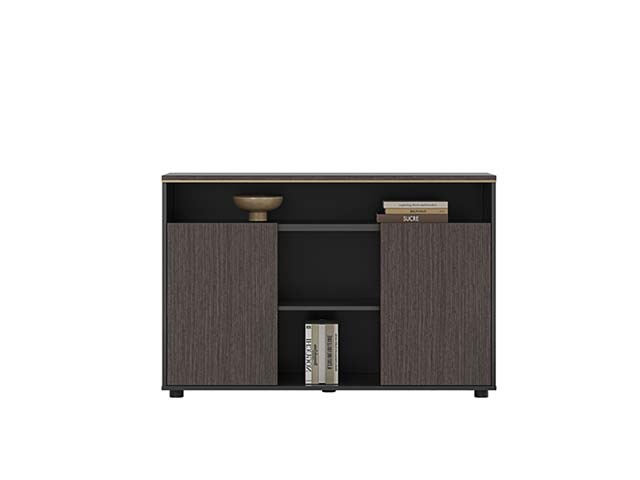 Dark Wood Grain Office Storage Credenza with Central Open Shelving and Gold Top Trim