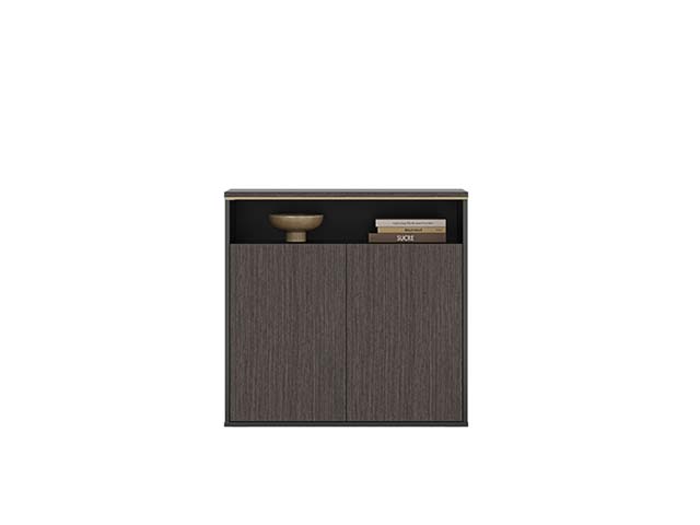 Dark Wood Grain Two-Door Low Storage Cabinet with Open Upper Display Shelf and Gold Trim