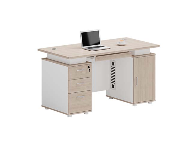 Two-Tone Light Oak White Double Pedestal Computer Desk with Keyboard Tray and CPU Cabinet