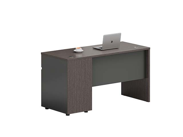 Dark Wood Grain Single Left Pedestal Office Desk with Modesty Panel and Cable Grommets