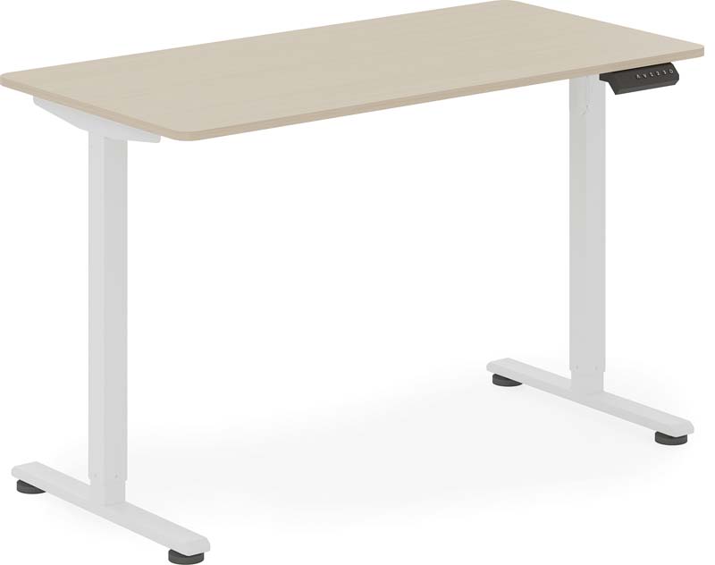 Electric Height-Adjustable Standing Desk with Light Oak Desktop and White Steel Frame