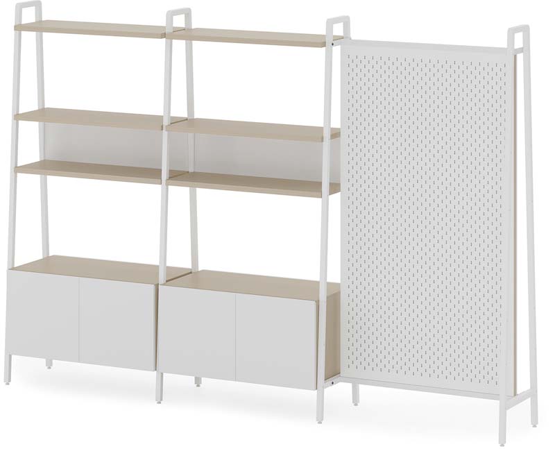 Modular Open Office Storage Shelving with Pegboard Divider and Base Cabinets