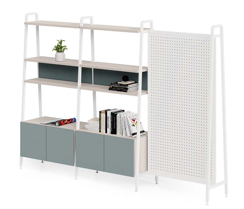 Freestanding Office Room Divider Open Shelving Unit with Lower Cabinet Base and Perforated Privacy Panel