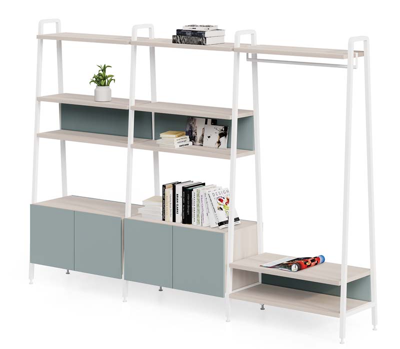 Asymmetrical Ladder Open Storage Unit with Integrated Hanging Rod