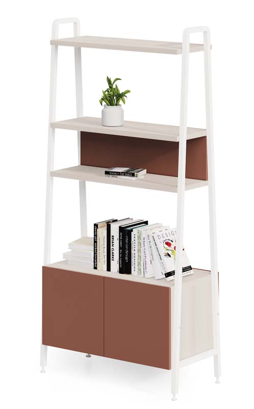Two-Tone Ladder Bookshelf with Closed Lower Storage Cabinet