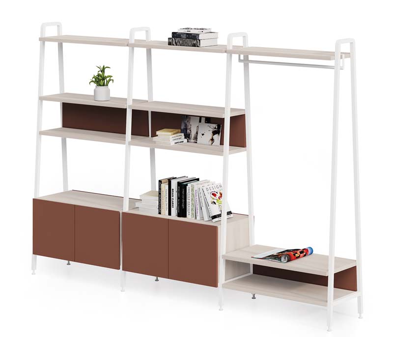 Asymmetric Stepped Modular Open Bookshelf with Lower Cabinets and Hanging Rod