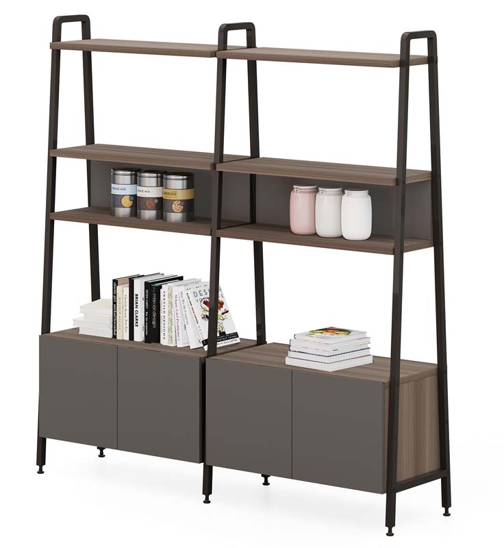 Double-Bay Freestanding Industrial Open Bookshelf with Enclosed Lower Cabinets