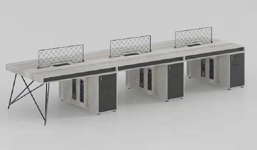 3-Person Linear Bench Office Workstation with Diamond Mesh Dividers and Integrated CPU Storage