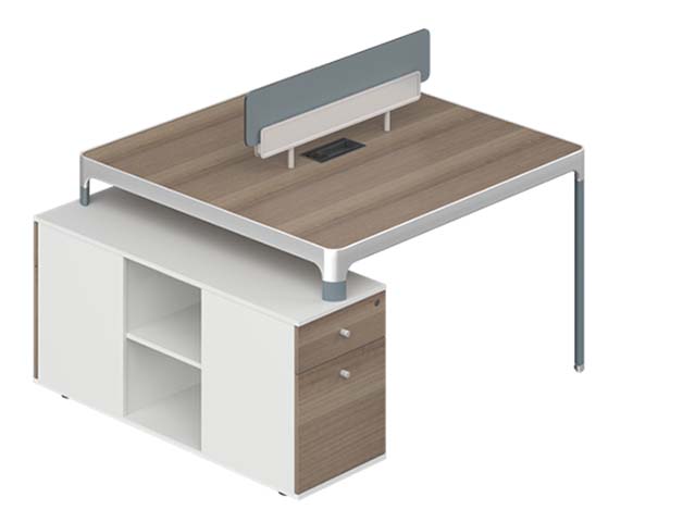 Two-Tone L-Shaped Office Workstation Desk with Attached Storage Credenza