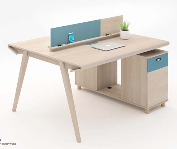 2-Person Light Oak Office Workstation with Blue Divider and Single Side Pedestal