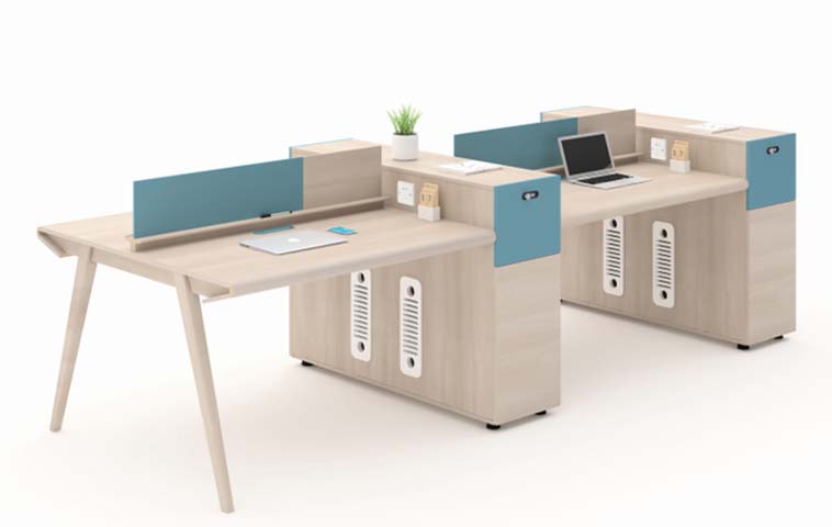 2-Person Modular Office Workstation Desk with Blue Privacy Dividers and Integrated Power