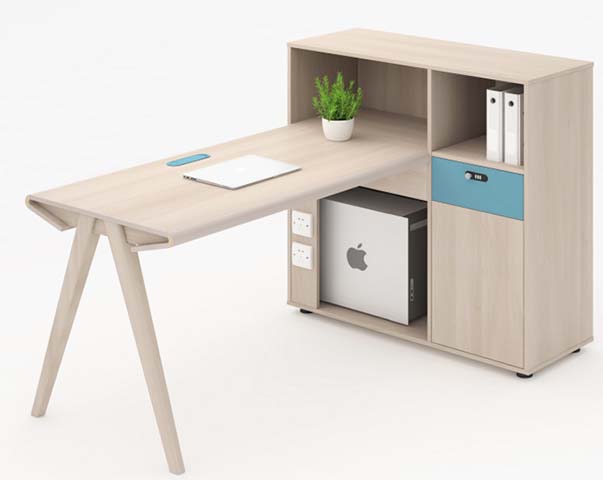Light Wood Home Office Computer Desk with Integrated Bookshelf, Lockable Blue Drawer, CPU Bay and Power Outlets