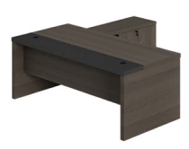 Two-Tone Dark Brown Wood-Grain L-Shaped Executive Office Desk with Black Cable Grommet Strip