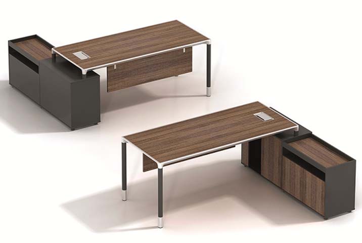 L-Shaped Walnut Wood-Grain Executive Desk with Attached Side Storage Credenza