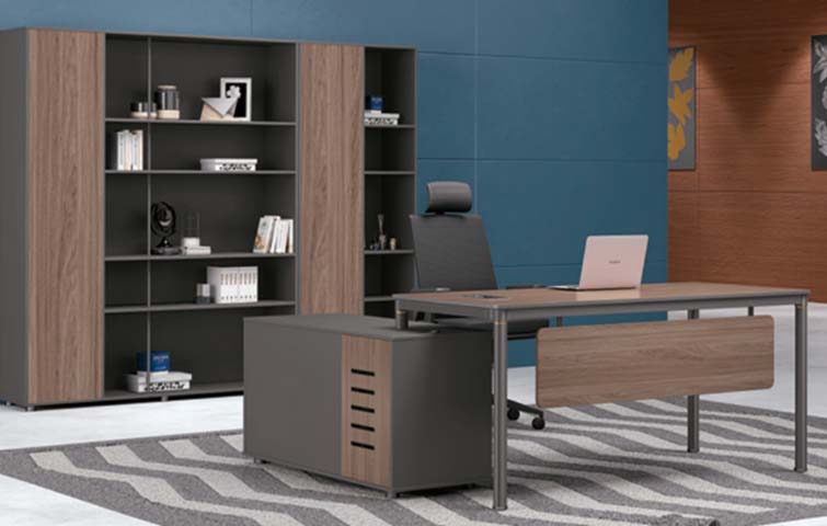 L-Shaped Two-Tone Walnut Grey Executive Desk with Fixed Side Return Cabinet