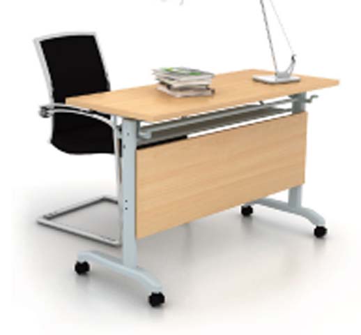 Light Wood Mobile Height-Adjustable Office Desk with Casters and Modesty Panel