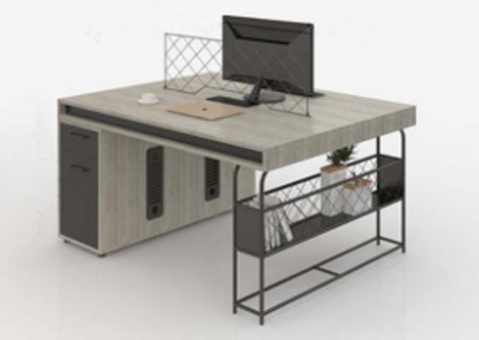 Industrial Concrete-Gray Office Workstation Desk with Left 2-Drawer Pedestal, Right Wire Mesh Shelf and Desktop Divider