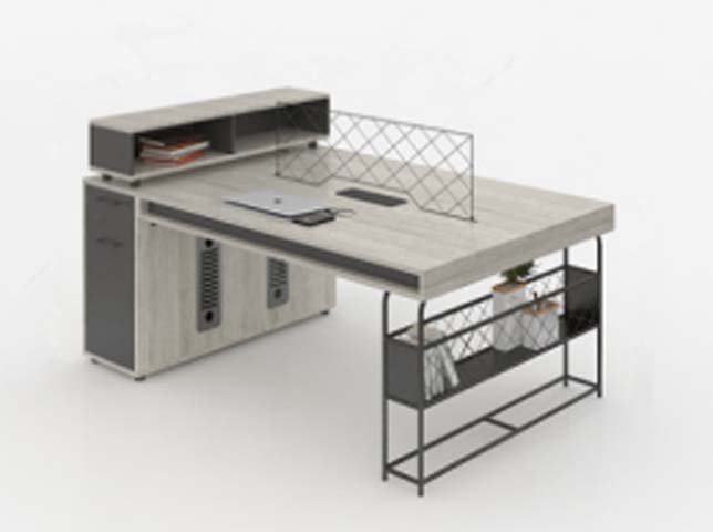 Two-Person L-Shaped Partner Office Desk with Storage Hutch and Under-Desk Shelves
