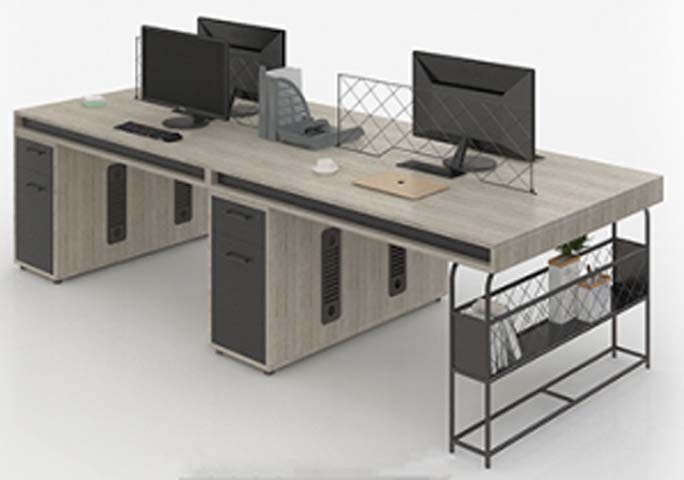 3-Person Linear Office Workstation Cluster with Wire Mesh Dividers and Side Storage Shelf