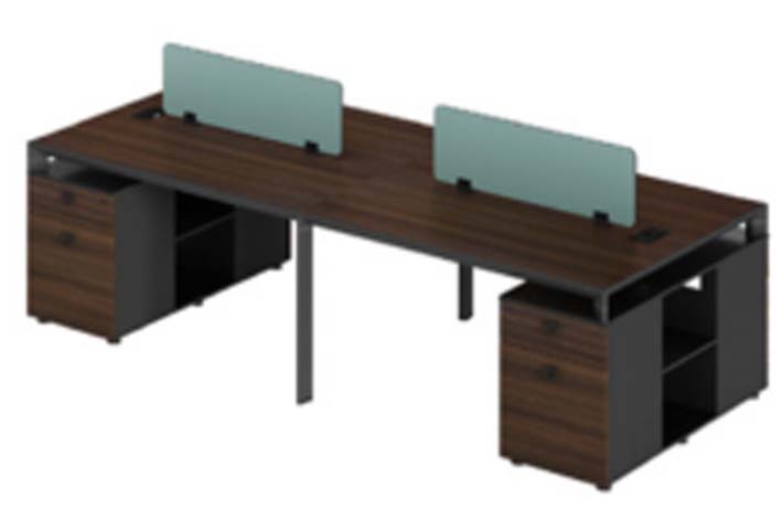 2-Person Side-by-Side Office Bench Workstation with Frosted Privacy Dividers and End Storage Pedestals