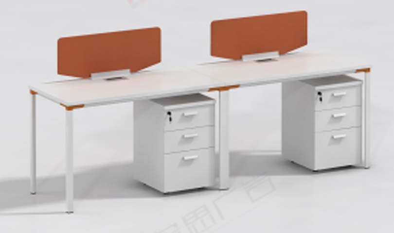 2-Person Linear Office Workstation Desk with Orange Privacy Dividers and Locking 3-Drawer Mobile Pedestals