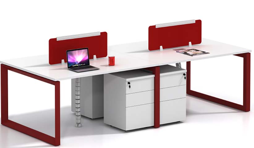 Two-Person Modular Office Workstation with Desktop Dividers and Mobile Pedestals