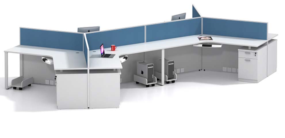 6-Person 120-Degree Modular Cluster Office Workstation with Blue Fabric Privacy Dividers