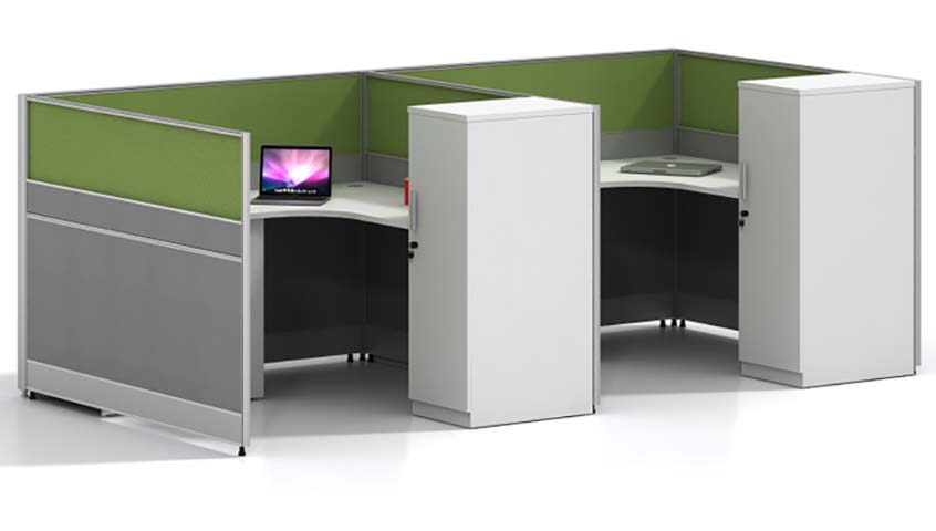 2-Person L-Shaped Modular Office Cubicle Workstation with Lockable End Storage Cabinets