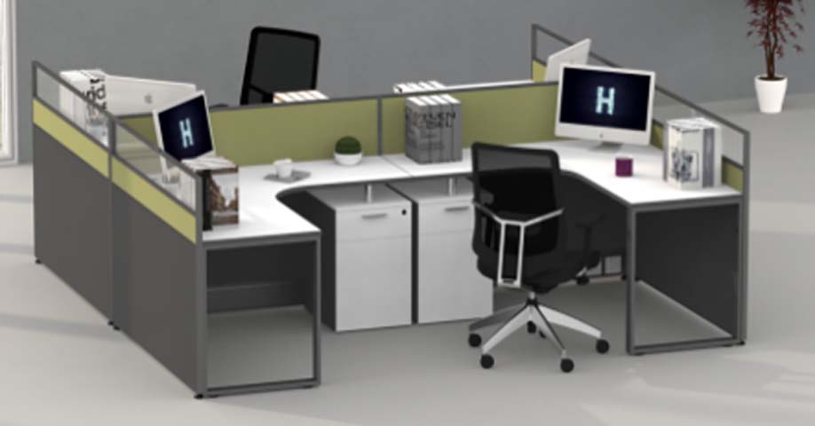4-Person Cross-Shaped Office Workstation Cluster With Partial Privacy Partitions