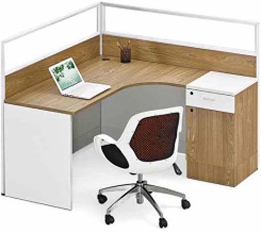Single-Person Curved Corner L-Shaped Cubicle Workstation Desk with Integrated Storage Pedestal