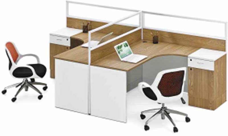 Two-Person Curved L-Shaped Office Workstation with Integrated Side Pedestals and Divider Screens