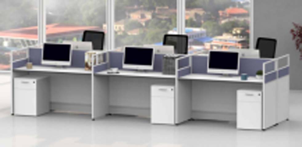 6-Person L-Shaped Modular Office Workstation with Dividers and Mobile Pedestals