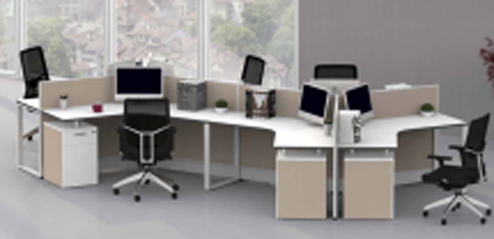 6-Person L-Shaped Modular Office Cubicle Workstation Cluster with Low Partitions and Mobile Pedestals