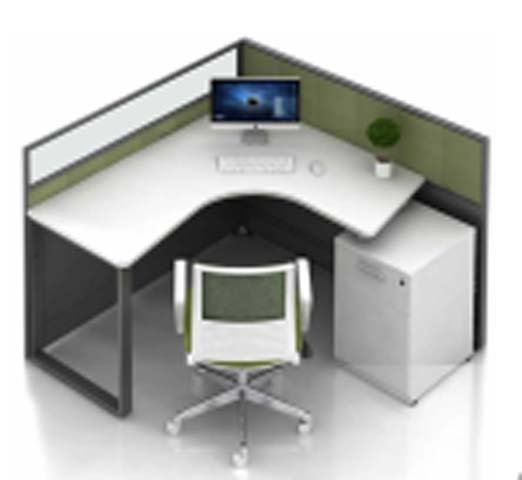 Single-Person 120-Degree Corner Office Cubicle Workstation with Privacy Partitions and Attached Pedestal