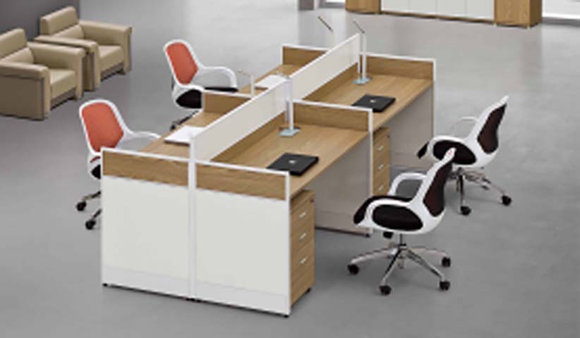 4-Person Face-to-Face Modular Office Cubicle Workstation with Half-Height Partitions and Integrated Drawer Pedestals
