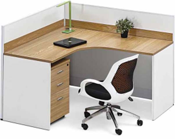Single-User Curved-Front Corner Office Cubicle Workstation with 3-Drawer Pedestal
